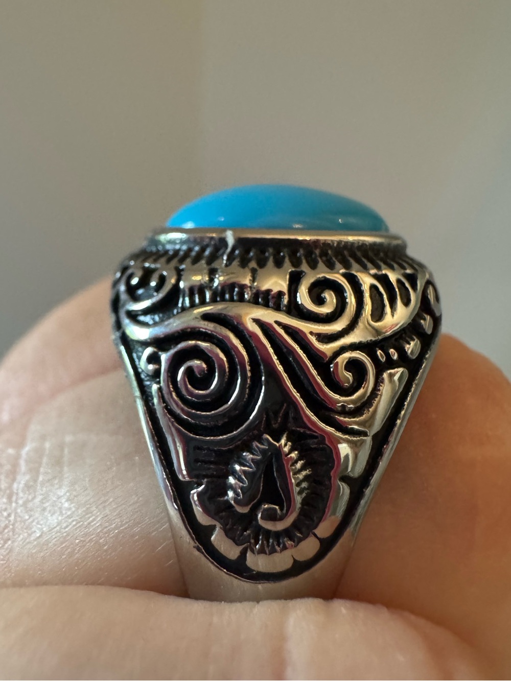 Western Turquoise Statement Ring Size 11 Silver Tone Engraved Oval Cabochon - Picture 6 of 9
